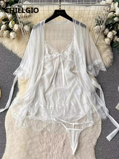 CHILLGIO المرأة مثير الدانتيل ثوب النوم الدعاوى الصيف ملابس خاصة شفافة 3 قطعة منامة وتتسابق السباغيتي حزام فستان الشمس مجموعة