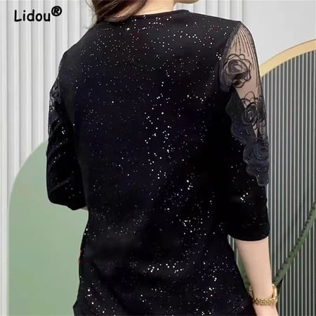 ربيع الخريف الجوف خارج الدانتيل البلوفرات للنساء تي شيرت 2022 جديد أنيق موضة مزاجه الماس شيك كم طويل الأعلى
