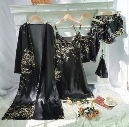 طقم بيجامات نسائي أنيق بطبعة زهور ، روب حمام كيمونو غير رسمي ، ثوب نوم حريري رايون ، ملابس منزلية فضفاضة ، مثير ، 5 قطع