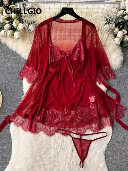 CHILLGIO المرأة مثير الدانتيل ثوب النوم الدعاوى الصيف ملابس خاصة شفافة 3 قطعة منامة وتتسابق السباغيتي حزام فستان الشمس مجموعة