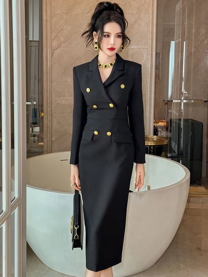 فساتين نسائية رسمية مناسبة رسمية للعمل ، ملابس نسائية ، فستان ضيق أسود أنيق للتنقل ، موضة السيدات