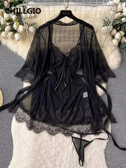 CHILLGIO المرأة مثير الدانتيل ثوب النوم الدعاوى الصيف ملابس خاصة شفافة 3 قطعة منامة وتتسابق السباغيتي حزام فستان الشمس مجموعة