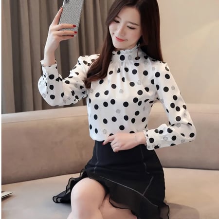 Clothe موضة خريف 2022 قميص شيفون نسائي أكمام طويلة بلوزة بولكا دوت مكشكشة نسائي غير رسمية بياقة واقفة ملابس علوية نسائية