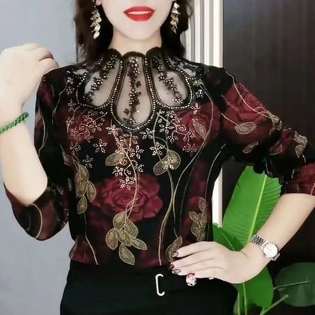 المرأة خمر الأزهار المطبوعة بلوزة ، الشاش الدانتيل تقسم قميص ضئيلة ، الوقوف طوق الملابس ، الماس الموضة ، الربيع والخريف