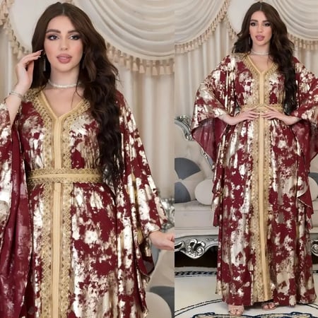فستان نسائي بفتحة رقبة على شكل حرف V ، برباط شريط دانتيل ، فساتين إسلامية ، قفطان مغربي ، عباية ، طباعة دبي ، نسائي فاخر