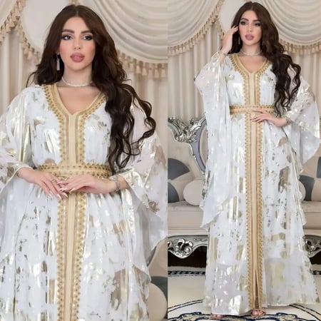 فستان نسائي بفتحة رقبة على شكل حرف V ، برباط شريط دانتيل ، فساتين إسلامية ، قفطان مغربي ، عباية ، طباعة دبي ، نسائي فاخر