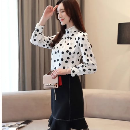 Clothe موضة خريف 2022 قميص شيفون نسائي أكمام طويلة بلوزة بولكا دوت مكشكشة نسائي غير رسمية بياقة واقفة ملابس علوية نسائية
