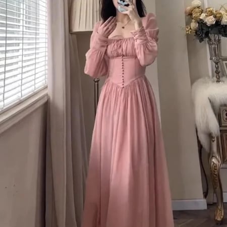 الفرنسية الرجعية مربع الرقبة مشد الأميرة حفلة موسيقية فستان المرأة 2023 الربيع طويلة الأكمام أنيقة الوردي الإناث طويلة ضئيلة فساتين السهرة