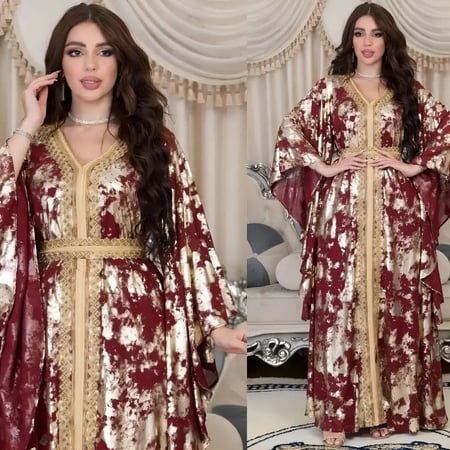 فستان نسائي بفتحة رقبة على شكل حرف V ، برباط شريط دانتيل ، فساتين إسلامية ، قفطان مغربي ، عباية ، طباعة دبي ، نسائي فاخر