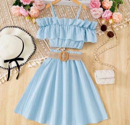 فوكوسنورم-توبات قصيرة بحزام سباغيتي للبنات ومجموعة تنورة مربوطة ، ملابس بكشكشة ، صلبة مكشوفة الكتفين ، الصيف ، 8-12y ، 2