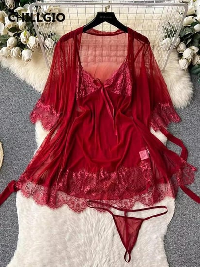 CHILLGIO المرأة مثير الدانتيل ثوب النوم الدعاوى الصيف ملابس خاصة شفافة 3 قطعة منامة وتتسابق السباغيتي حزام فستان الشمس مجموعة