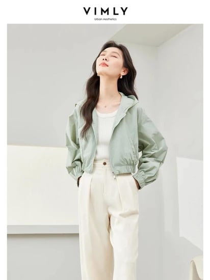 جاكيت فيميلي قصير بغطاء رأس للنساء ، معطف قصير ، كم طويل ، فضفاض ، ملابس خارجية ، ربيع ، جديد ، m6137