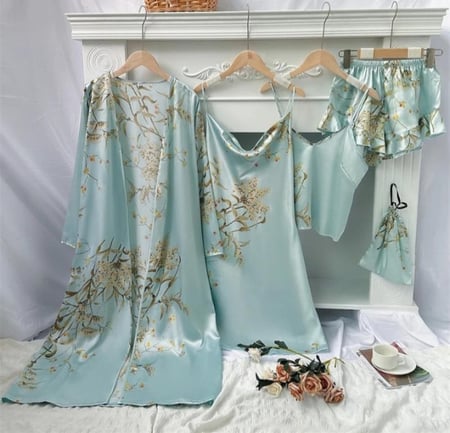 طقم بيجامات نسائي أنيق بطبعة زهور ، روب حمام كيمونو غير رسمي ، ثوب نوم حريري رايون ، ملابس منزلية فضفاضة ، مثير ، 5 قطع