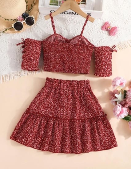أطقم ملابس بدون أكمام للفتيات ، رقبة مائلة ، تنورات زهرية ، أحمر ، مصمم ، طفل ، قطعتان ، 8-12 طن ، جديد