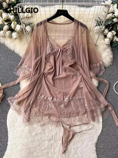 CHILLGIO المرأة مثير الدانتيل ثوب النوم الدعاوى الصيف ملابس خاصة شفافة 3 قطعة منامة وتتسابق السباغيتي حزام فستان الشمس مجموعة