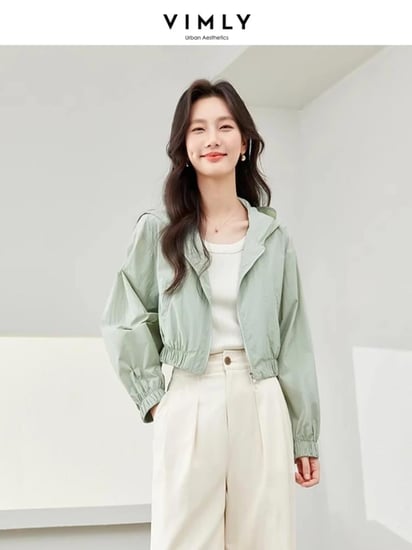 جاكيت فيميلي قصير بغطاء رأس للنساء ، معطف قصير ، كم طويل ، فضفاض ، ملابس خارجية ، ربيع ، جديد ، m6137