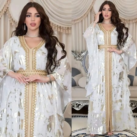 فستان نسائي بفتحة رقبة على شكل حرف V ، برباط شريط دانتيل ، فساتين إسلامية ، قفطان مغربي ، عباية ، طباعة دبي ، نسائي فاخر