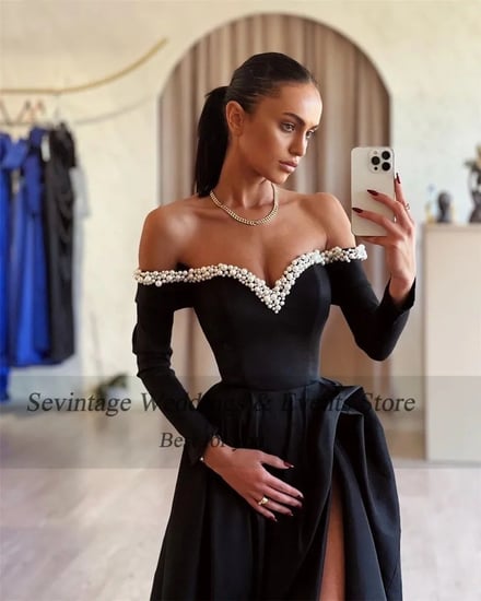 Sevintage-فساتين حفلة موسيقية أنيقة على شكل حرف a من الساتان ، بدون الكتف ، أكمام طويلة ، فساتين حفلات بطول الأرض ، أسود ، حفلة موسيقية