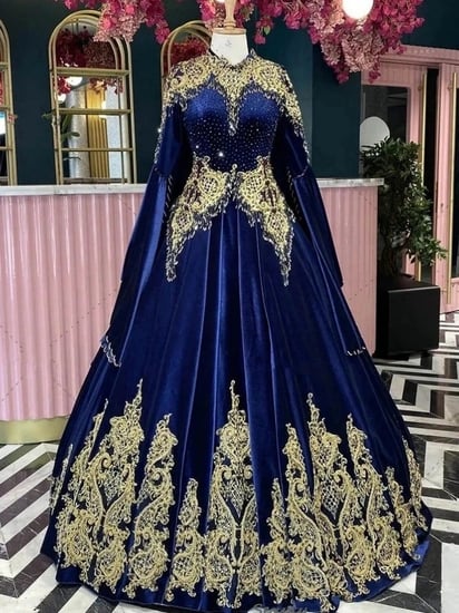 فساتين سهرة مغربية زرقاء ملكية ، فستان حفلة موسيقية تركي إسلامي ، رقبة عالية فاخرة ، رأس بأكمام قفطان ، حقيقي