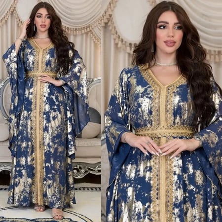 فستان نسائي بفتحة رقبة على شكل حرف V ، برباط شريط دانتيل ، فساتين إسلامية ، قفطان مغربي ، عباية ، طباعة دبي ، نسائي فاخر
