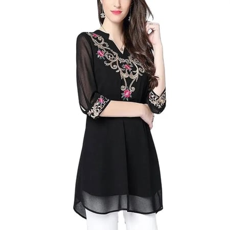 بلوزة نسائية مطرزة أحادية اللون برقبة على شكل V ، بلوزات كورية فضفاضة ، قميص شيفون ، ربيع ، خريف ، جديد