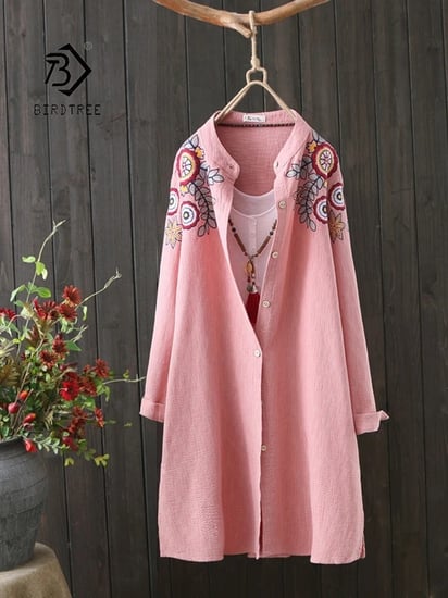 Vintage الأزهار التطريز القطن قميص طويل للنساء ، الوقوف طوق ، زر حتى بلوزة ، لباس غير رسمي ، الأساسية فضفاض القمم ، الأبيض ، الخريف ، 2023