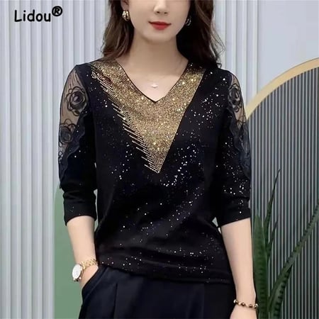 ربيع الخريف الجوف خارج الدانتيل البلوفرات للنساء تي شيرت 2022 جديد أنيق موضة مزاجه الماس شيك كم طويل الأعلى