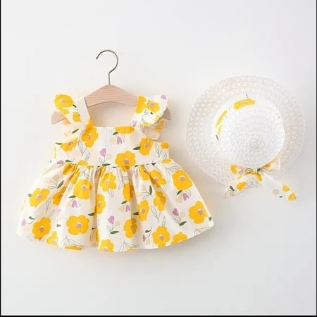 طقم من قطعتين من فستان الأميرة وقبعة الشمس للطفل الرضيع ، ملابس للطفل الصغير ، فساتين كورية ، زهور لطيفة ، ملابس شاطئ لحديثي الولادة ، 067