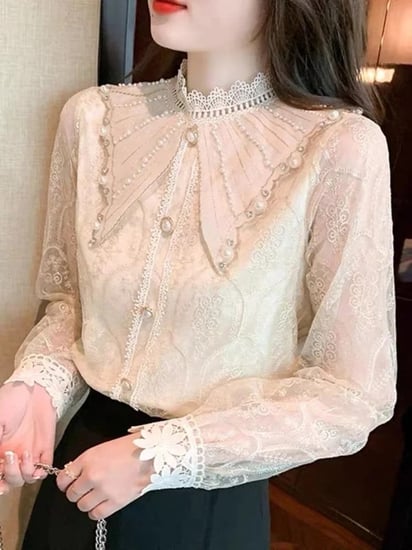 بلوزات نسائية مطرزة من الدانتيل ، بلوزة بأكمام طويلة ، ملابس نسائية ، بيج ، مطرز ، طراز فاخر ، ربيع ، خريف