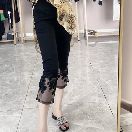 سراويل نسائية سوداء بطول الساق عالية الخصر ، سراويل قلم رصاص ، رقيقة ، نحيفة ، مرقعة ، دانتيل ، مفرغة ، أحادية اللون ، ملابس نسائية ، موضة صيفية