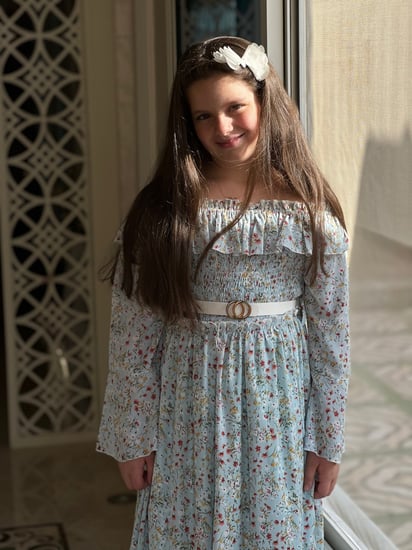 فستان بناتي ازرق مشجر كتف نازل بحزام رقم 5