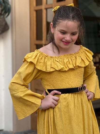 فستان بناتي اخضر ساده مع حزام رقم 4