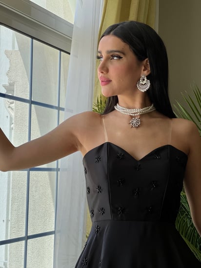 فستان سهره  تفته اسود مطرز كلوش