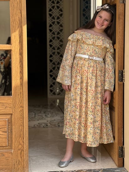 فستان بناتي اصفر مشجر كتف نازل بحزام رقم 5