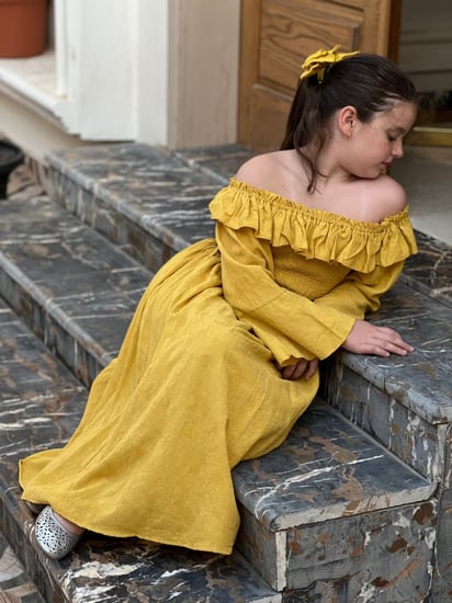 فستان بناتي اخضر ساده مع حزام رقم 4