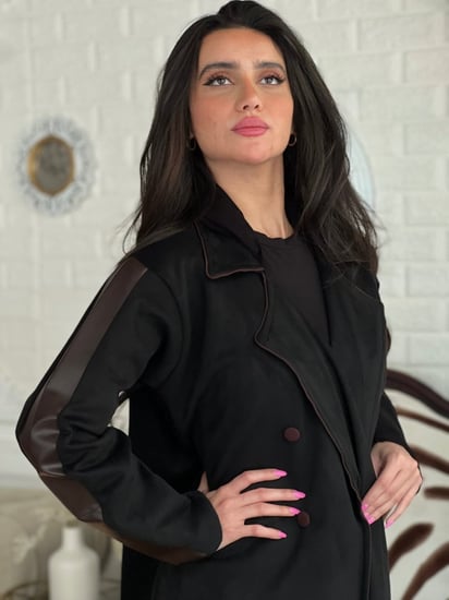 عباية شاموا مرد مزينه بالجلد البني من الأكمام