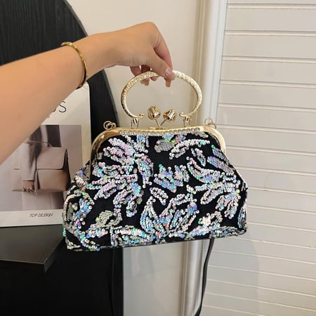 حقيبة يد ، بتصميم جسم مرصع بالترتر، ريترو وأنيق، مع حزام كتف قابل للإزالة