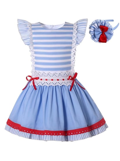 فستان ستايل اسباني مخطط مكشكش مع عصابة رأس دانتيل خصر فيونكة حمراء