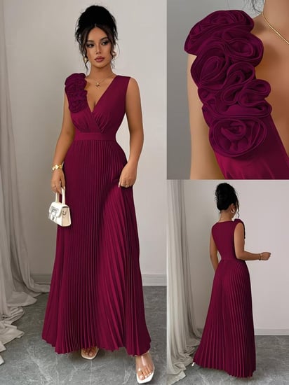 فستان أنيق بدون أكمام بلون أحمر عنابي بياقة على شكل حرف V مع زينة زهور ثلاثية الأبعاد