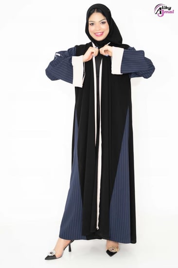 عبايه نص كلوش قماش كتان مقلم كحلي تحديد قيطان بيج AJ-124