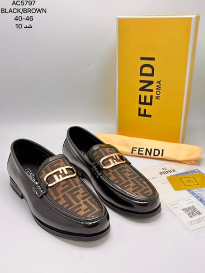 حذاء رسمي رجالي ماركة فندي Fendi O'Lock باللون الأسود والبني مزين بشعار FF