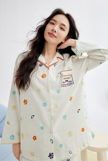 بيجامة قطنية نسائية ناعمة 100% بنقشة مخلب القطة، راحة ودفء للخريف والشتاء