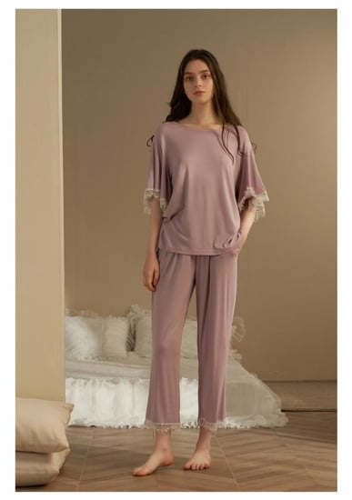 طقم بيجاما نسائي مريح وناعم من قماش المودال والفيسكوز، -بنفسجي غبار الورد