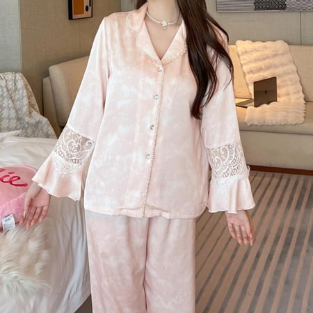 بيجاما من الساتان الفاخر مزينة بالخرز واللؤلؤ الأنيق-وردي