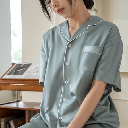 بيجاما من قطن التنسل بتفاصيل أنثوية راقية-( أزرق ياقوتي )