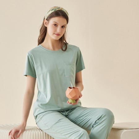 طقم بيجاما نسائي أخضر أنيق من المودال والقطن،  ربيعية/صيفية