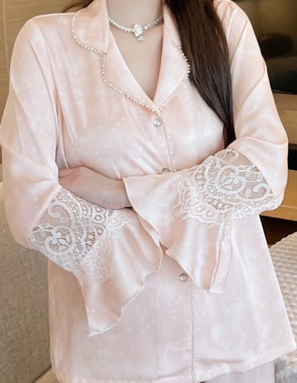 بيجاما من الساتان الفاخر مزينة بالخرز واللؤلؤ الأنيق-وردي