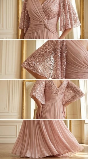 فستان سهرة وردي مطرز بترتر