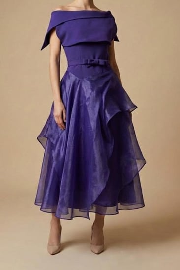 فستان سهرة ميدي أورجانزا بتصميم طبقات ولون بنفسجي ساحر