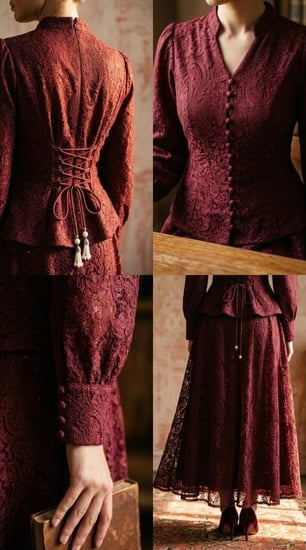 طقم سهرة دانتيل ملكي باللون العنابي